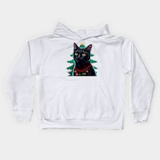 Meowy Christmas Black Cat Kids Hoodie